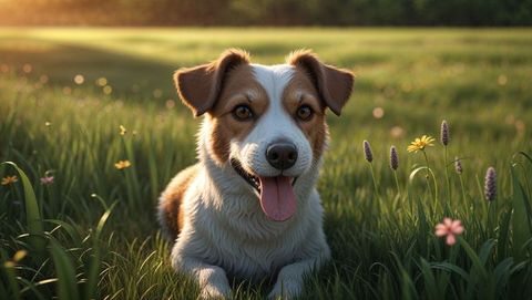 Charming dog relaxing in sunlit meadow