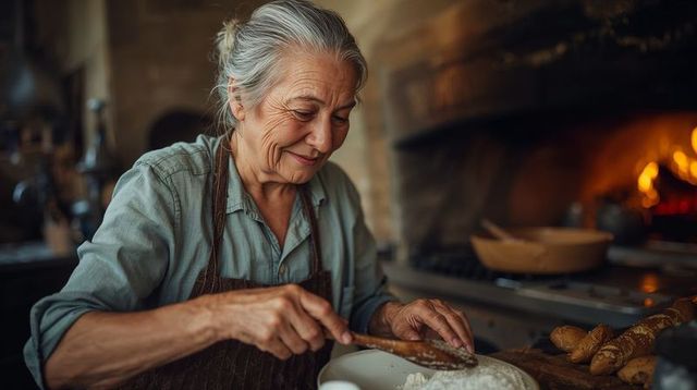 Elderly woman baking artisan bread in rustic farmhouse kitchen shaping dough with care