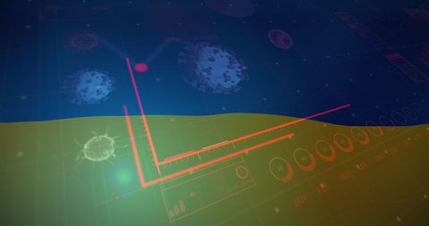 Data Analysis and Virus Cells Over Ukraine Flag Background