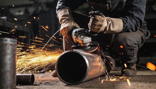 Welder grinding steel pipe with angle grinder sending sparks in industrial workshop