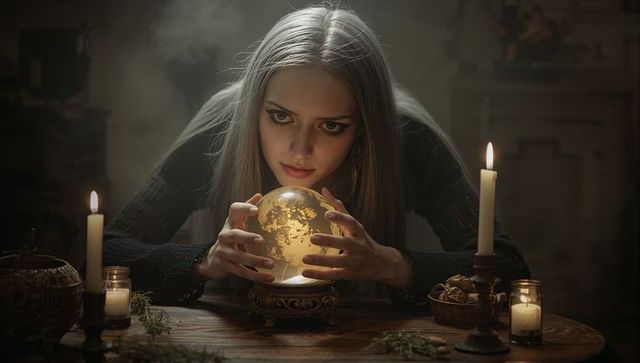 Mystical fortune teller with glowing crystal ball in eerie ambient lighting