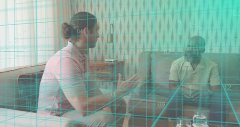 Two men having tech-assisted consultation on sofa with hud overlay and guitar case