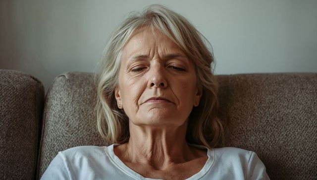 Senior woman closing eyes and resting on sofa showing calm reflection and resilience