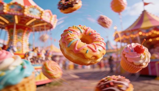 Floating pink-glazed donut rotating above carnival carousel with cupcakes, vibrant tents