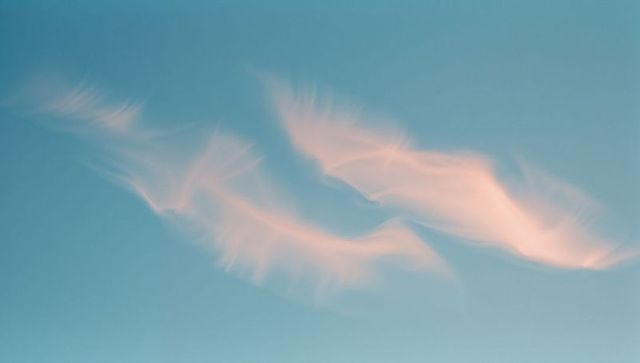 Drifting feather-like clouds in pastel sunrise sky