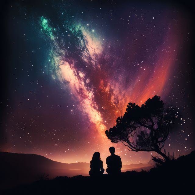 Couple sitting under a mesmerizing vibrant Milky Way galaxy, featuring silhouettes against a multifaceted sky. Great for themes of romance, astronomy, tranquility, and cosmic wonder. Ideal for use in astronomy blogs, romantic event promotions, and travel content focused on starlit experiences.