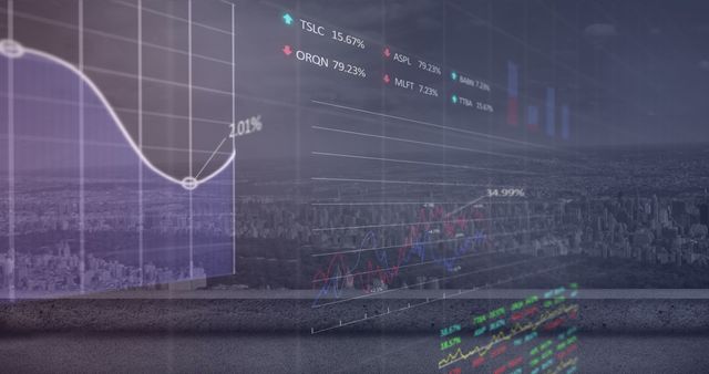 This would be useful for websites, blogs, and presentation materials focusing on financial technology, stock markets, business development, investments, and urban economic growth. It can be used as an impactful background for business reports, financial news articles, or marketing materials.