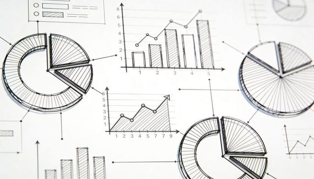 Hand-sketched data charts and infographic elements: pie, donut, bar, line graphs for visual