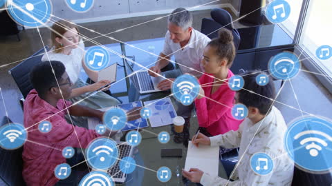 Diverse Team Discussing Office Projects with Digital Network Overlay