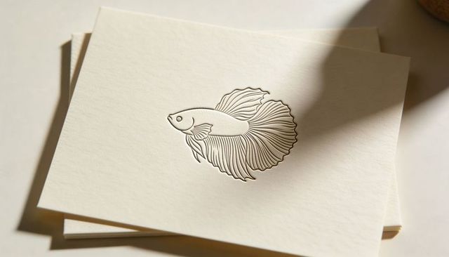 Embossing betta fish logo on textured cream card minimal flatlay