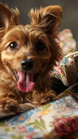 Vertical video: small terrier pawing patterned bedding, panting, showing collar and paws