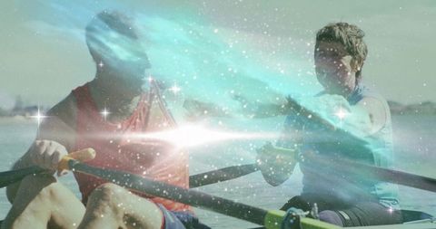 Senior Rowers Synchronizing on Lake with Sparkling Effects