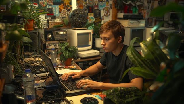 Teenager exploring programming in eclectic home workshop