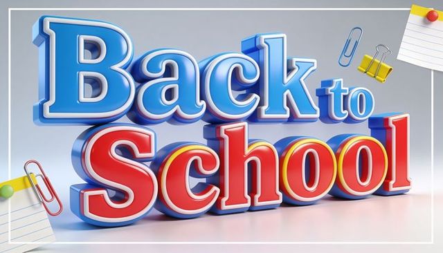 Bold 3d back to school typography with glossy extruded lettering, paperclips and notes