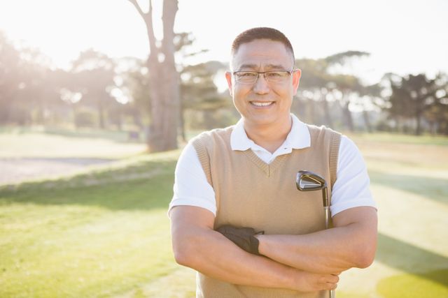 Man standing on golf course with arms crossed, holding golf club, smiling confidently. Ideal for promoting golf events, sportswear, leisure activities, or outdoor lifestyle content.