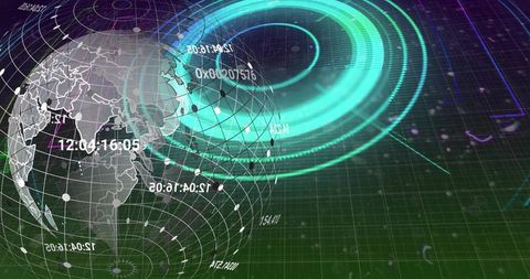 Holographic Wireframe Globe with Timecodes and Neon HUD Rings on Grid Background