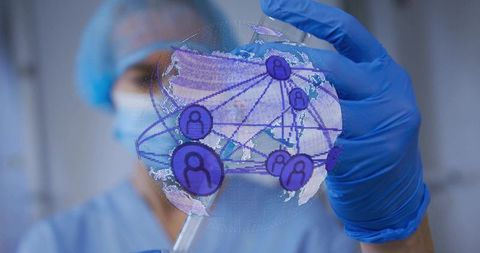 Clinician holding vial and syringe with holographic global network overlay for vaccine research