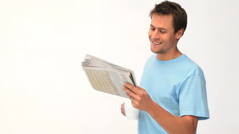 Man Reading Newspaper with Coffee on White Background