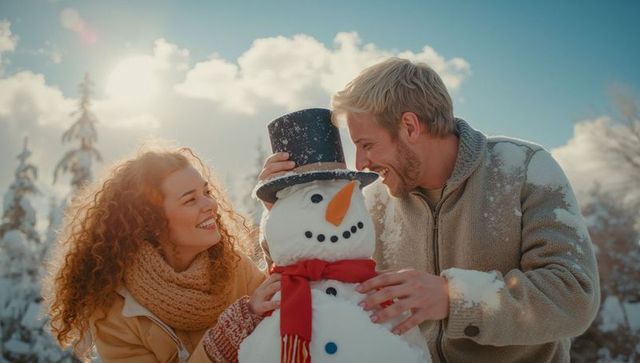 Smiling couple building snowman in snowy winter wonderland