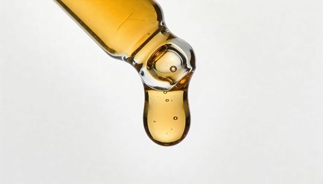 Amber serum droplet dripping from glass dropper with suspended air bubbles