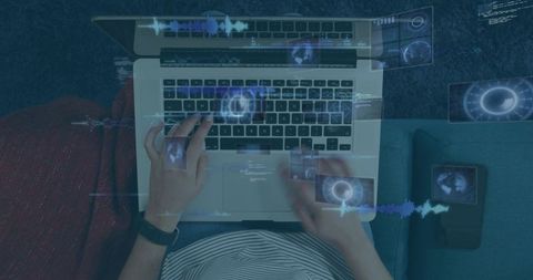 Woman typing on laptop with futuristic data overlays and holographic ui for remote work