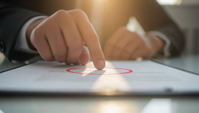 Businessman pointing at contract with red circled clause, finger on agreement document