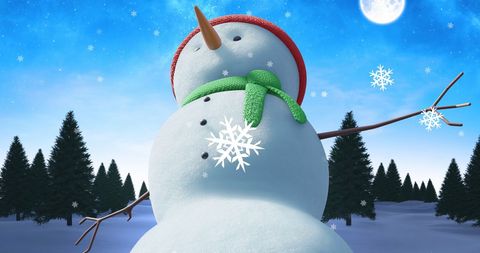 Playful snowman under falling snow in magical winter landscape