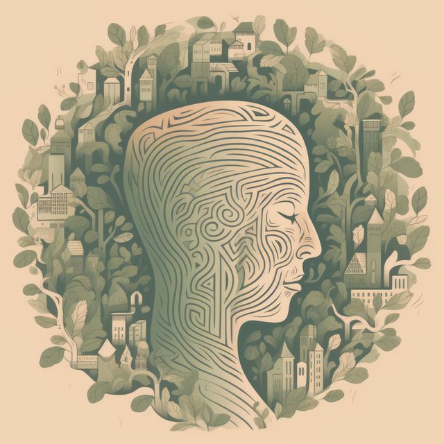 Head of labyrinth with leaves and buildings, created using generative ai technology. Mental, health, brain, digitally generated image.