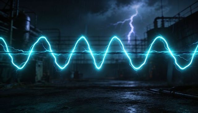 Glowing cyan energy arc along industrial wire at night with lightning and wet reflection