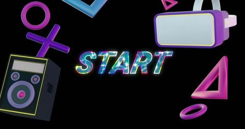 Retro gaming icons surrounding start screen text