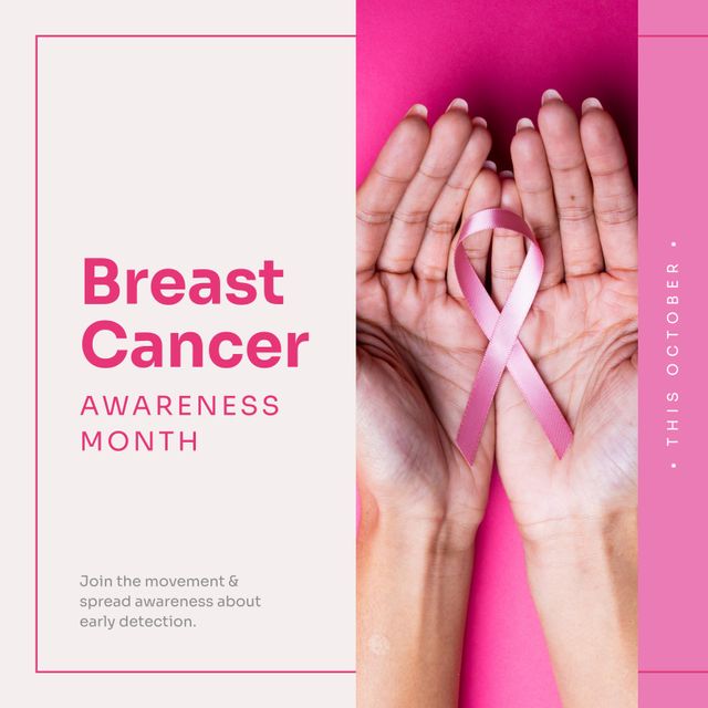 Breast Cancer Awareness Month Message with Pink Ribbon in Hands - Download Free Stock Templates Pikwizard.com