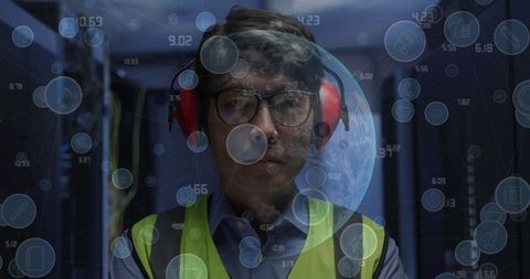 Futuristic Data Processing with Overlays on Asian Worker in High-Tech Server Room - Download Free Stock Images Pikwizard.com