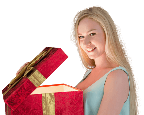 Joyful blonde woman opening transparent gift box lid