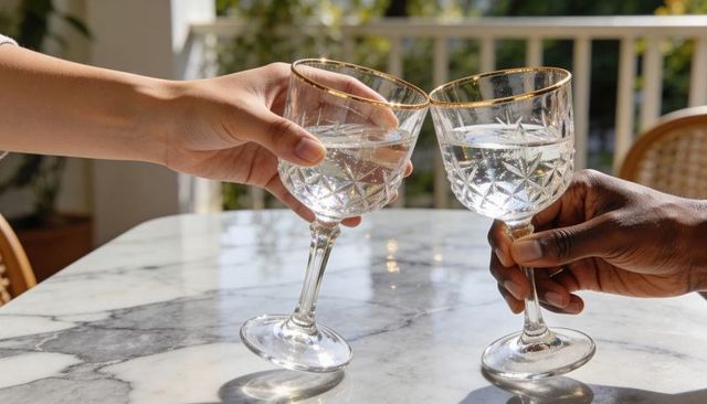 Clinking cut-crystal gold-rimmed glasses on sunlit marble terrace table