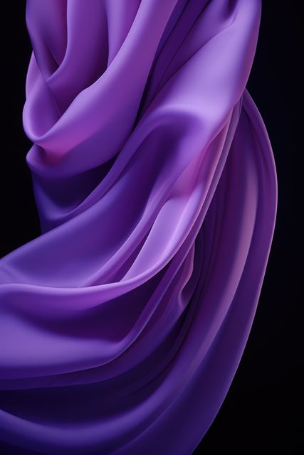 Close up of purple silk material on black background, created using generative ai technology. Fabric, texture and colour concept digitally generated image.