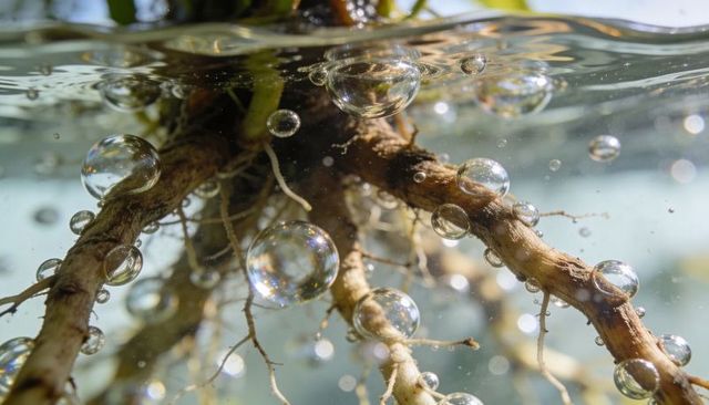 Underwater roots releasing bubbles with iridescent reflections and macro bokeh