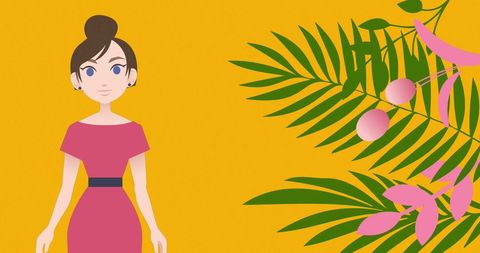 Illustration of woman talking near botanical elements with yellow background