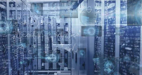 Mathematical formulas overlaying modern data center