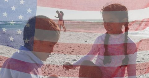 Children Playing on Beach with Overlay of American Flag