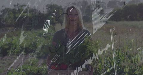 Smiling farmer with basket of vegetables and data overlay