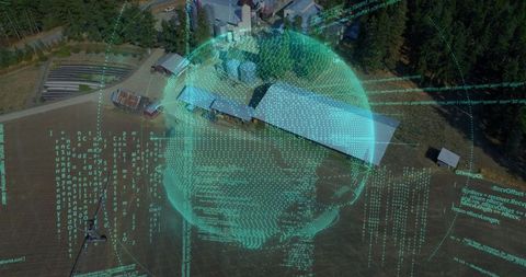 Digital sphere technology overlay on rural landscape