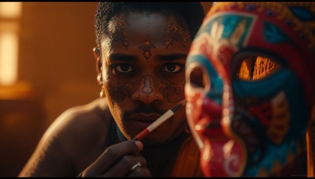 Artist Creating Colorful Traditional Mask in Warm Studio