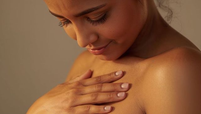 Smiling Woman Placing Hand Over Heart Bare-Shouldered Warm Closeup Portrait Soft Lighting
