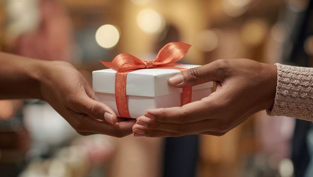 Hands exchanging small white gift box with orange ribbon close-up warm cozy present