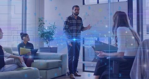 Team Brainstorming with Digital Data Overlay: Presenter Leading Hybrid Office Collaboration