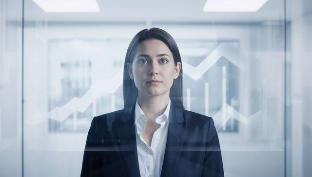 Confident businesswoman analyzing financial charts through glass in corporate office