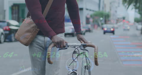 Man Walking Bicycle on Urban Street with Data Overlay