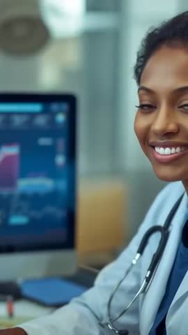Vertical video of smiling clinician at desk wearing stethoscope with medical data monitor