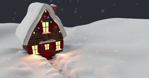 Cozy Snowy Cottage with Christmas Lights in Winter Wonderland
