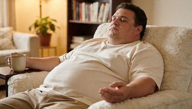 Plus-size man reclining on cozy armchair holding mug relaxing in warm living room interior
